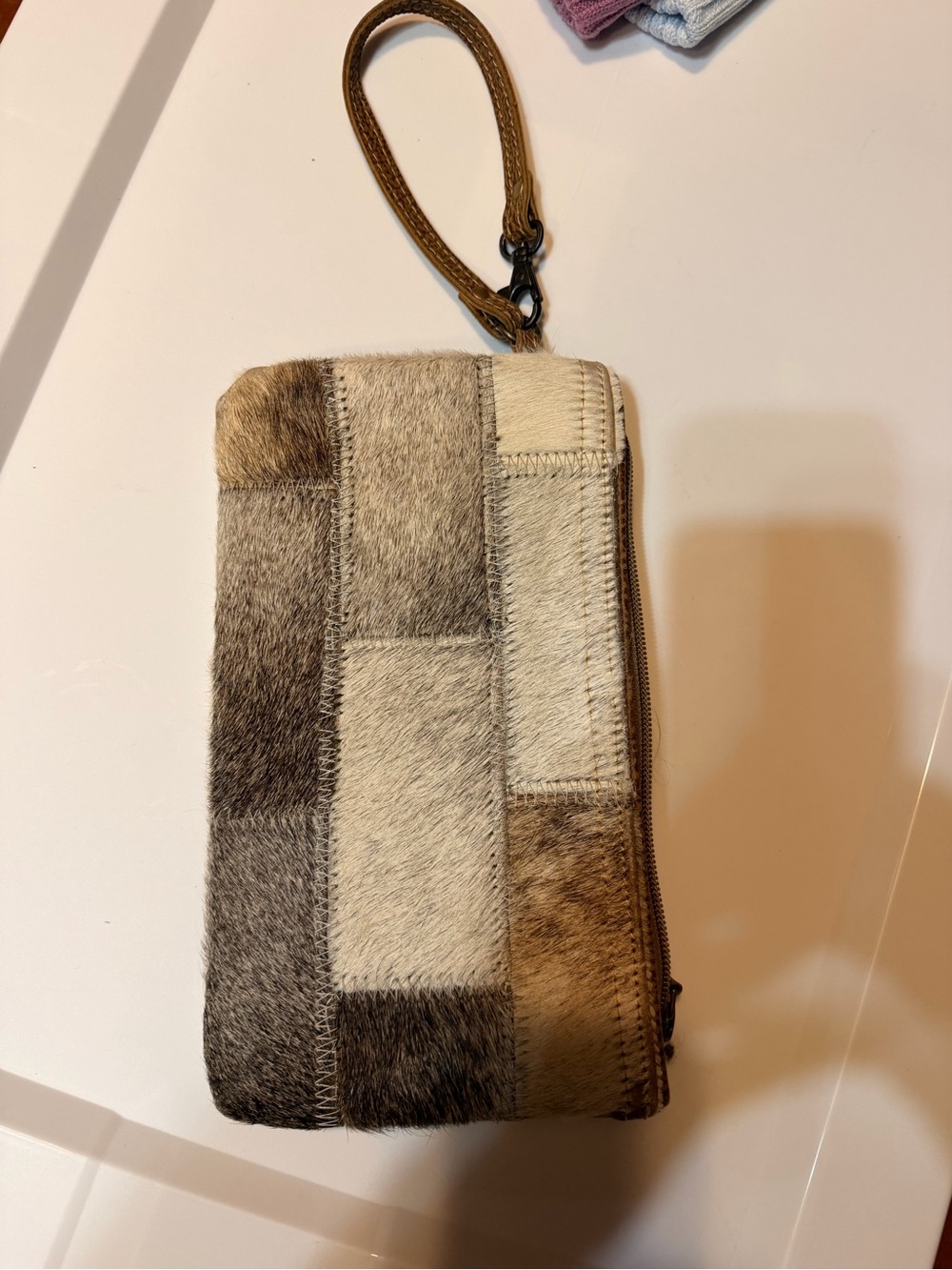 Myra Bag Patchwork Wristlet in Mint, Purple and Tan
